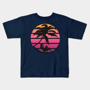 Pink Synth Inspired Beach Sunrise Silhouette Kids T-Shirt